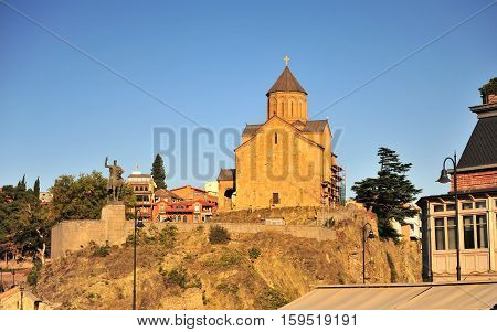 Metekhi Church and statue of King Vakhtang Gorgasali on sunset Tbilisi Georgia