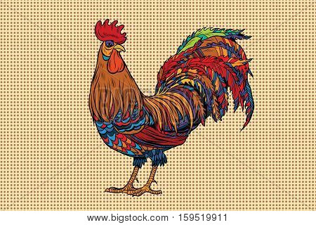 Gallic rooster farm bird, 2017 symbol, pop art retro vector. Chinese horoscope. Farm animal. Retro brown textile background