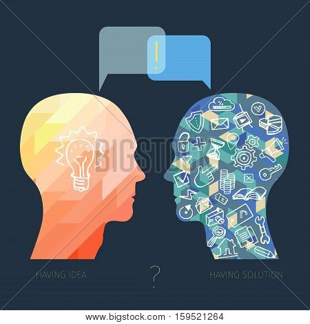 head with idea and head with instrument and technology talking to each other, modern design business concept