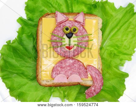 creative sandwich with cheese and salame cat shape