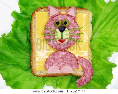 creative sandwich with cheese and salame cat shape