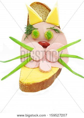 creative sandwich with cheese and salame cat shape