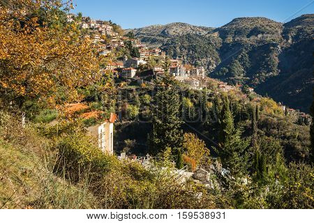 Scenic Mountain Autumn Landscape With  Village Langadia, Peloponnese, Greece