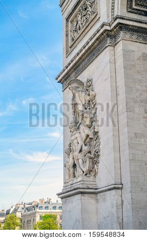 La Paix de 1815 sculpture group by Antoine Etex on the Arc de Triomphe pillar, Paris, France. Travel background.