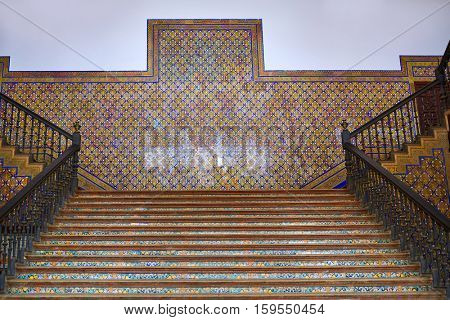 Seville Sevilla Plaza de Espana stariway Andalusia Spain square exterior image shot from public floor