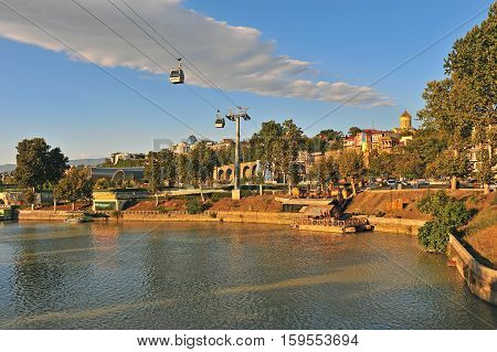 TBILISI GEORGIA - SEPTEMBER 27: View of the riverside of Tbilisi city centre Georgia on September 27 2015. Tbilisi is the capital and largest city of Georgia.
