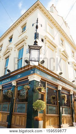 London England-November 13 2016 : The pub Earl of Lonsdale occupying the corner of Portobello Road and Westbourne Grove London UK.