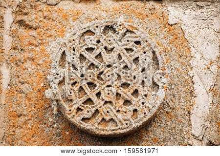 Architectural Details Or Patterns Of Bas-reliefs On Wall Of The Gergeti Trinity Church. Tsminda Sameba - Holy Trinity Church Near Village Of Gergeti Near Kazbegi In Georgia