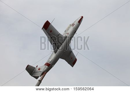 city Volzhsky Russia August 4 2013 Monument airplane L-29 Delfin