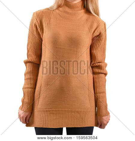Blank light brown pullover mock up isolated. Female wear plain hoodie mockup. Plain hoody logo design presentation. Sweatshirt for logo and print.  