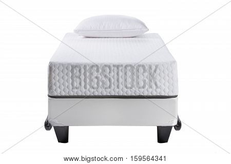 Twin bed frame with soft mattress and white pillow isolated on white background