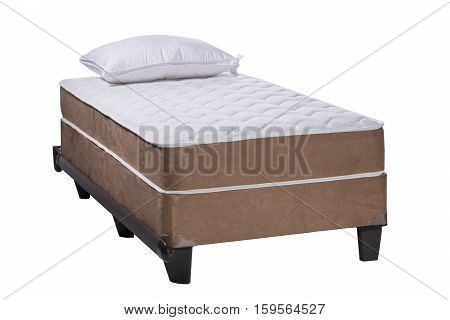 Twin bed frame with soft mattress and white pillow isolated on white background