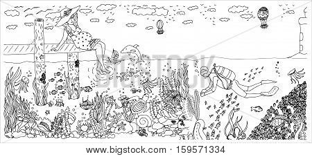 Diver in ocean with many fishes. Pregnant woman. Vector image in black and white