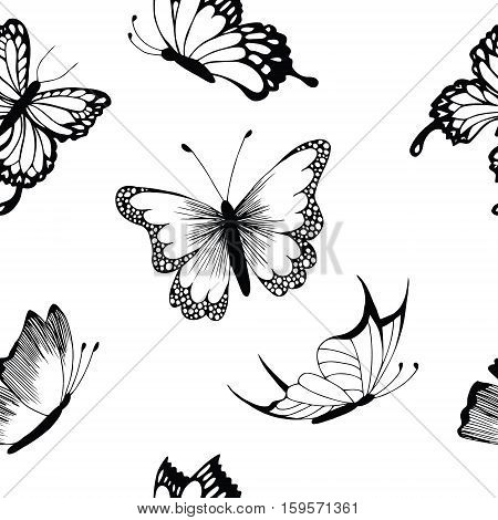 Butterflies seamless pattern in doodle style. Butterfly vector illustration for vintage design.