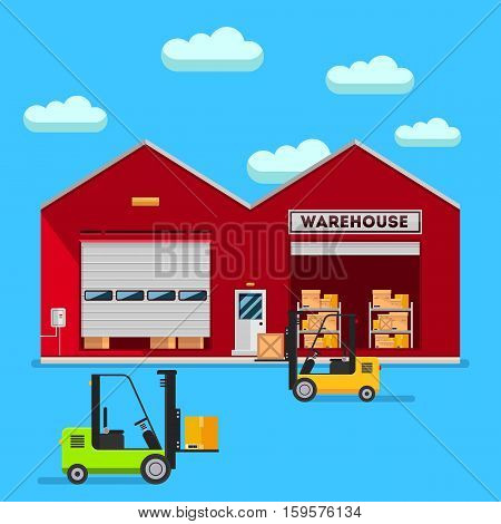 Warehouse infographic elements vector flat design. People in stock items are sorted and sent them to the consumer service delivery