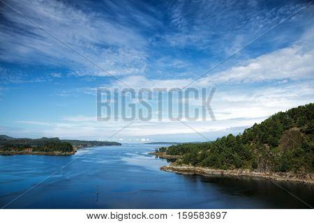 Summer landscape with Norwegian fjord aerial view