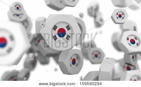Nuts levitation group with flag of the Korea. Shallow depth of focus. 3D rendering