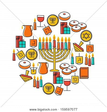 Hanukkah holiday background. Design elements set. Holiday symbols menorah candlestick , candles, donuts sufganiya , gifts, dreidel, coins, oil. Greeting card template design. Vector illustration