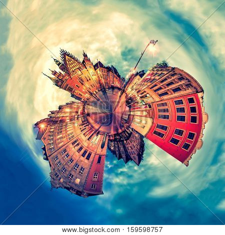 Tiny planet of Wroclaw Market Square with Town Hall during sunset evening, Poland, Europe. Panoramic montage from 27 HDR Photos with post processing effects