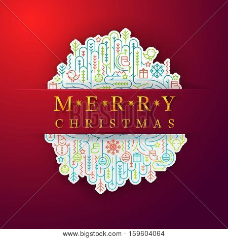 Merry Christmas Card.Vector greeting card with golden text and new year line icon on Red Background.Vector illustration eps 10