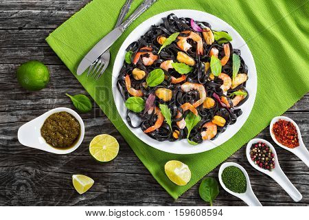 Black Noodles Salad With Prawns, Mussels, Spinach, Lettuce, Arugula