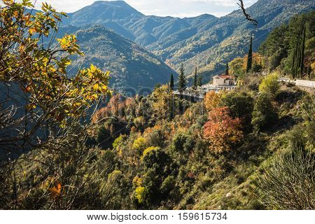 Scenic Mountain Autumn Landscape With  Village Langadia, Peloponnese, Greece