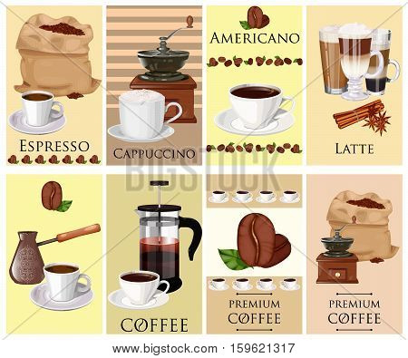Coffee theme vector set. Cup of coffee latte espresso cappuccino coffee mill coffee pot bag of beans