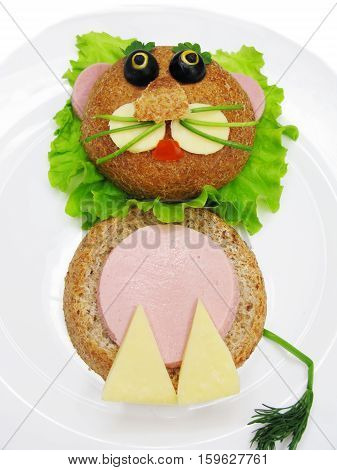 creative sandwich with cheese and salame lion shape
