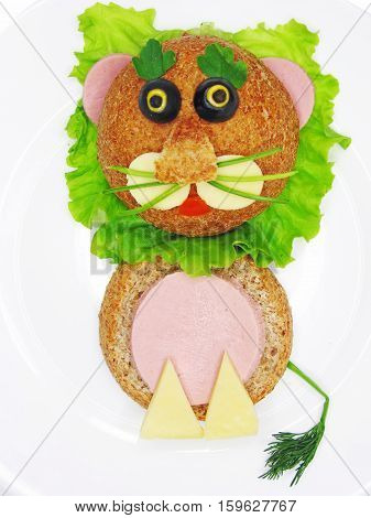 creative sandwich with cheese and salame lion shape