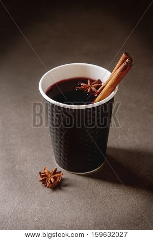 Christmas Drink. Mulled Red Wine In A Paper Cup With Black Karit