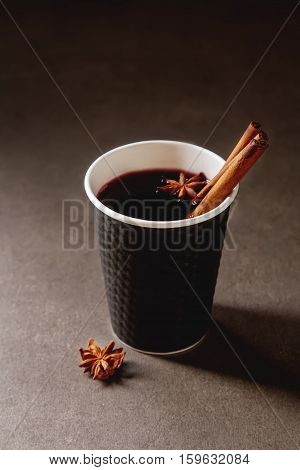 Christmas Drink. Mulled Red Wine In A Paper Cup With Black Karit