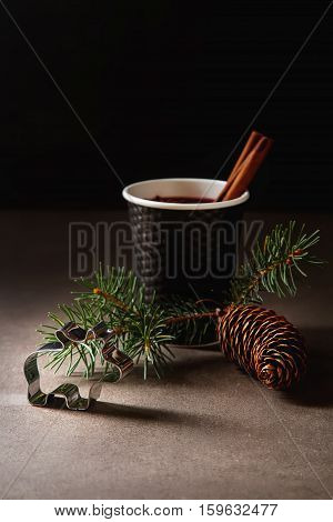 Christmas Drink. Mulled Red Wine In A Paper Cup With Black Karit