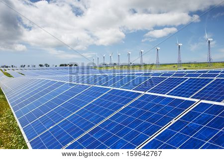 Modern solar station with blue panels and windfarm with wind turbines stand in field with green grass under cloudy sky. Shallow DOF. Focus on foreground.