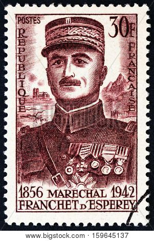 FRANCE - CIRCA 1956: A stamp printed in France issued for the birth centenary of Marshal d'Esperey shows Louis Franchet d'Esperey, circa 1956.