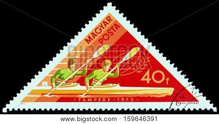 HUNGARY - CIRCA 1973: A stamp printed in Hungary from the "World Aquatic Sports Championships, Belgrade and Tampere" issue shows Women's Double Kayak, circa 1973.