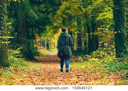Woman With Shoulder Bag Walking On Path In Autumn Forest.