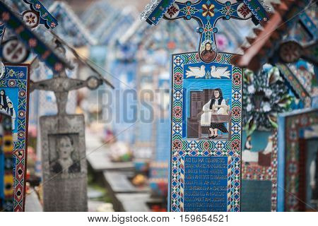 Sapanta Romania - November 17 2016: Image of the graveyard in Sapanta Romania called 
