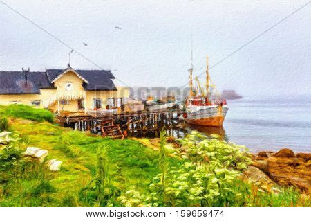 Small traditional fishing boat stands moored in Northern Norway. Oil painting effect.