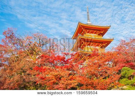The pagoda of Kiyomizu-dera in Kyoto Japan.Kyoto Japan at Kiyomizu-dera Temple in the autumn.