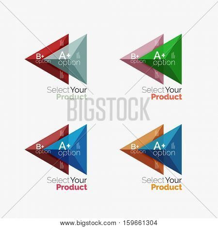 Set of triangle option infographic layouts. Select your product concept, make a choice idea