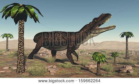 Prestosuchus dinosaur walking in the desert among bjuvia trees - 3D render