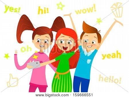 Cartoon children character. Kids smile make selfie. Happy girls and boy enjoy taking selfie with photo camera. Child photography. Joyful young pupils characters. Cute guy with friends. Vector flat