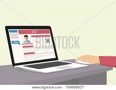Man is sending his CV via e-mail. Flat illustration of human hand working with laptop at home to prepare and send his cv using internet browser and recruiting website