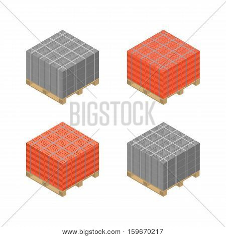 Wooden pallets with various blocks and bricks isolated on white background. Building materials design elements. Flat 3D isometric style vector illustration.
