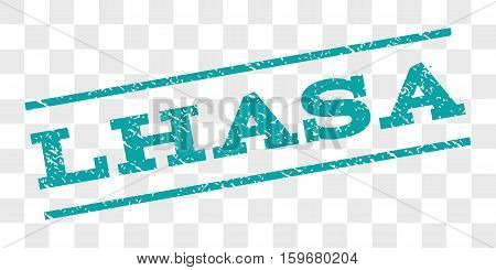 Lhasa watermark stamp. Text caption between parallel lines with grunge design style. Rubber seal stamp with dust texture. Vector cyan color ink imprint on a chess transparent background.
