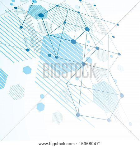 Bauhaus art dimensional composition perspective blue modular vector backdrop with honeycombs. Retro style pattern graphic backdrop for use as booklet cover template.