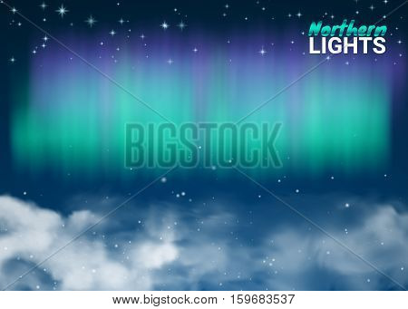 Starry Night Sky Aurora Beautiful Natural Effect for Design Projects. Deep Night Dark Sky Magic Fabulous with Clouds and Realistic Colored Northern or polar lights. Vector Illustration.