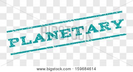 Planetary watermark stamp. Text caption between parallel lines with grunge design style. Rubber seal stamp with dust texture. Vector cyan color ink imprint on a chess transparent background.
