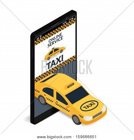 Vector illustration. Car taxi leaves from a mobile phone. The concept for the design of business cards mobile applications advertising web banner taxi service. Isometric 3D