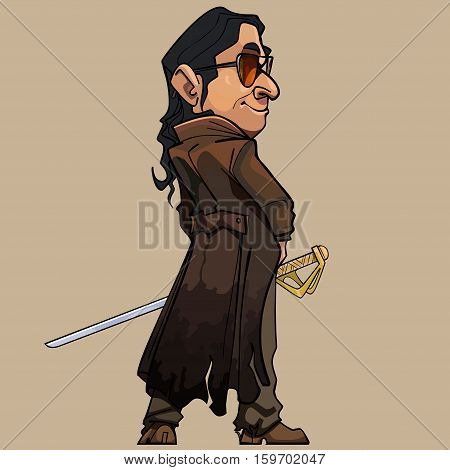 cartoon modern man in a long coat with a sword